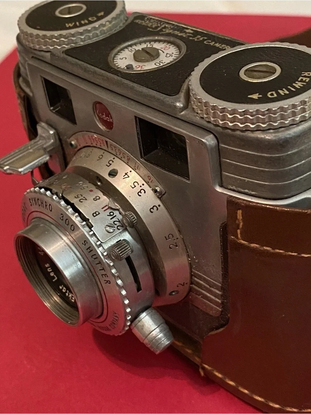 Vintage Kodak Signet 35 Camera with Brown Leather Case and Silver Metal Body